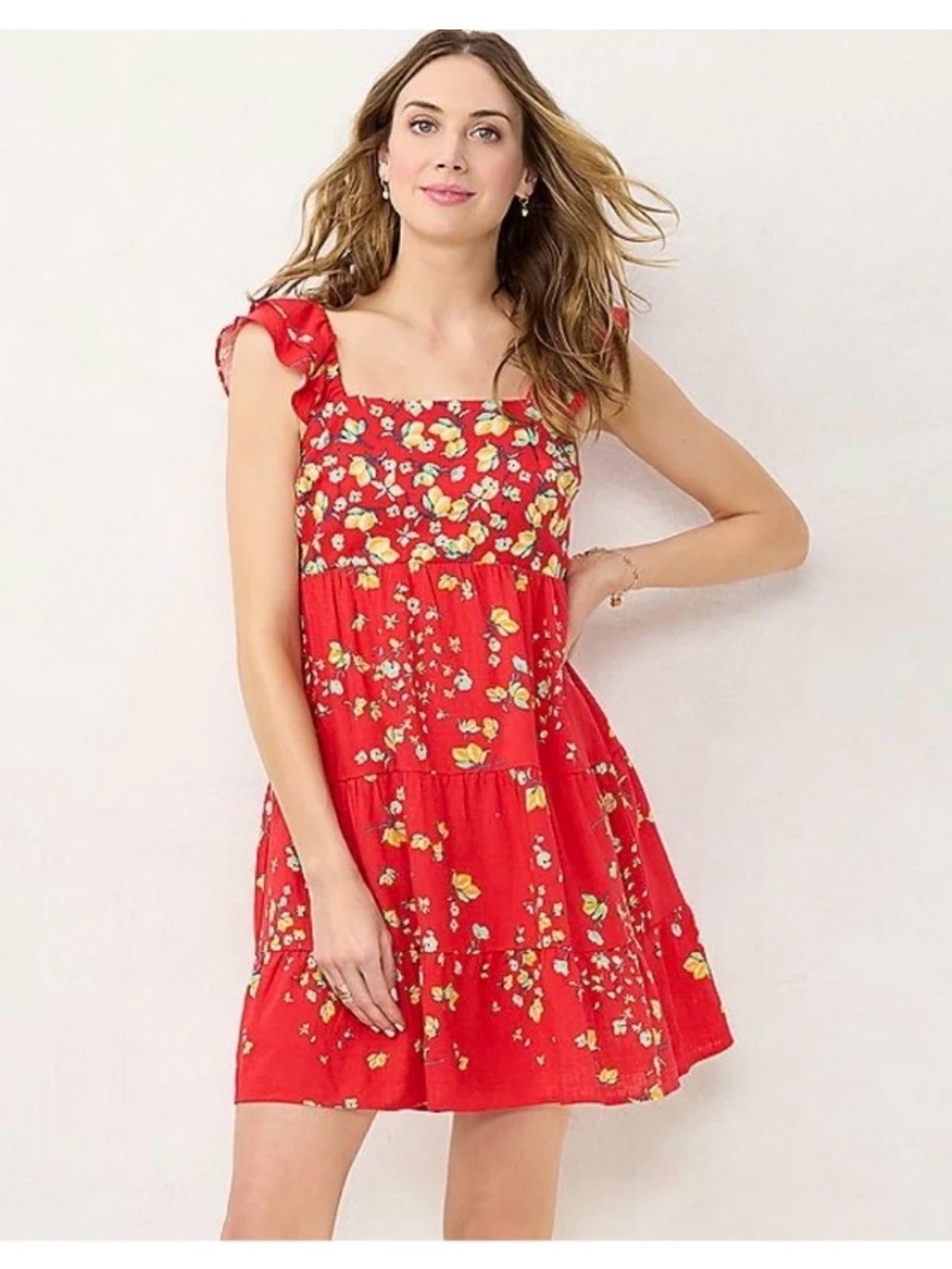 LC Lauren Conrad Red Floral Square-Neck Tiered Sundress